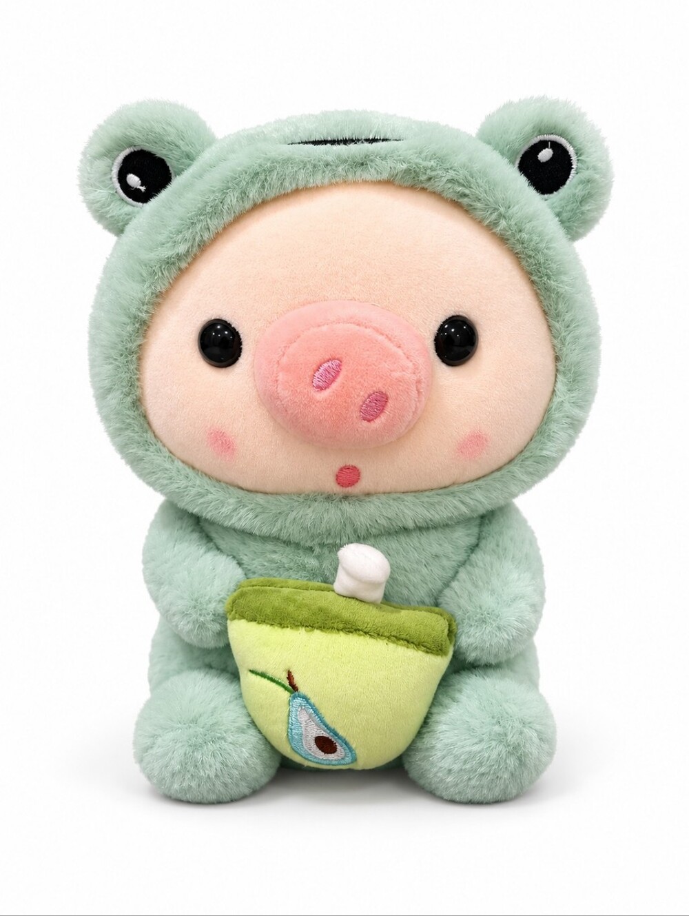Kawaii Pig in Frog Costume Plush Avocado Boba Tea Stuffed Animal 9in